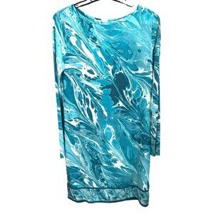 Michael Kors Turquoise Marble Swirl Print Dress Size M Long Sleeve Retro Wave